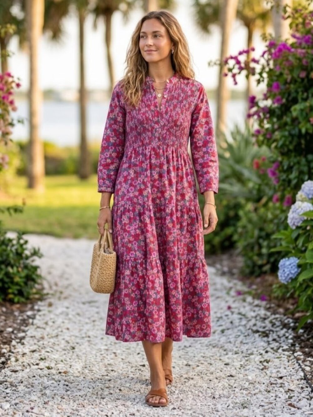 Duffield Lane Ditsy Floral Cotton Smocked Tiered Midi Dress Size S Blue Red Pink